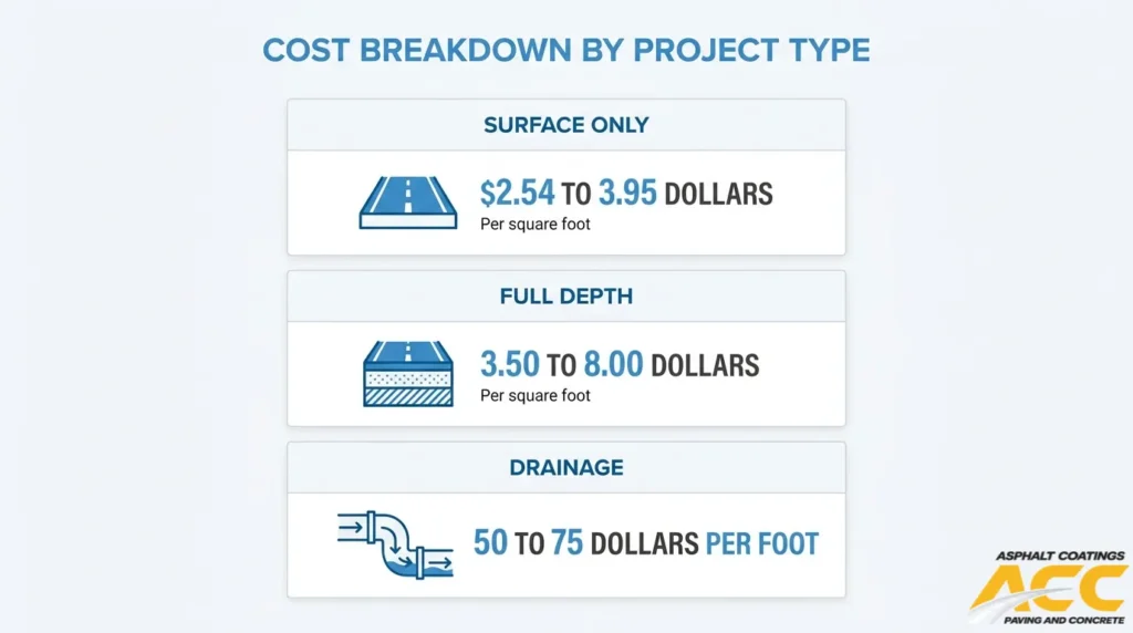 Fort Collins parking lot paving cost breakdown for surface paving, full-depth installation, and drainage work