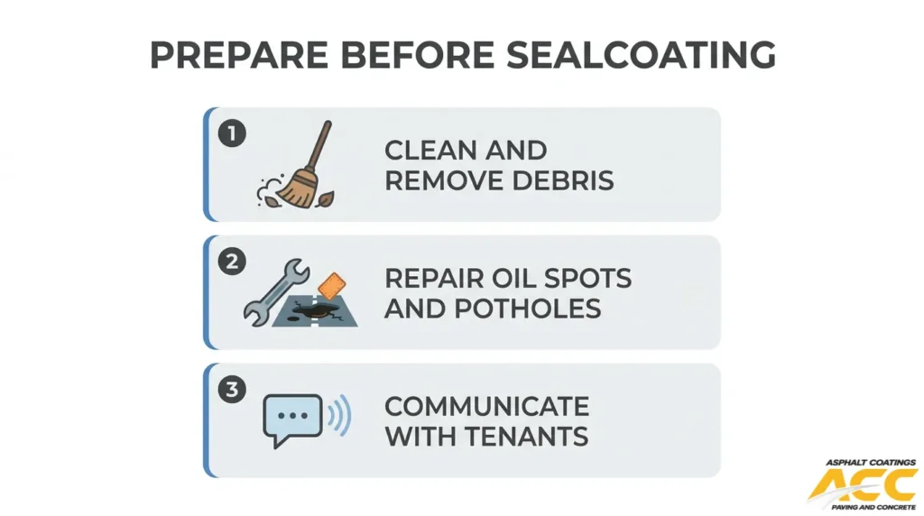 Parking lot preparation steps before sealcoating: remove debris, repair oil spots and potholes, and notify tenants.