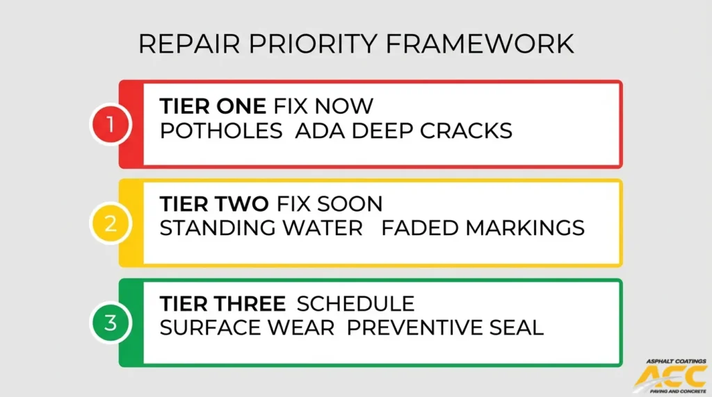 Parking lot repair priority framework ranking potholes and deep cracks, standing water and faded markings, and preventive sealing