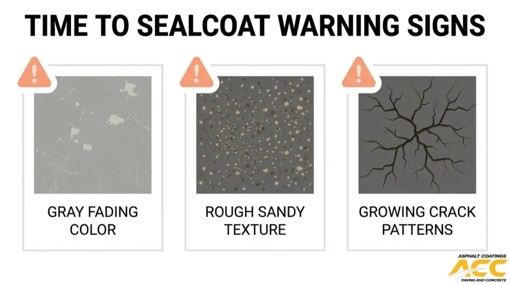Parking lot warning signs that indicate sealcoating is needed, including gray fading, rough texture, and growing crack patterns.