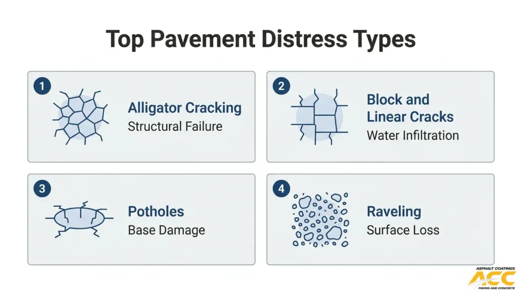 Common pavement distress types affecting PCI scores, including alligator cracking, block cracks, potholes, and raveling