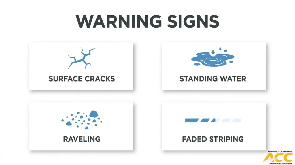 Commercial pavement warning signs including surface cracks, standing water, raveling, and faded parking lot striping