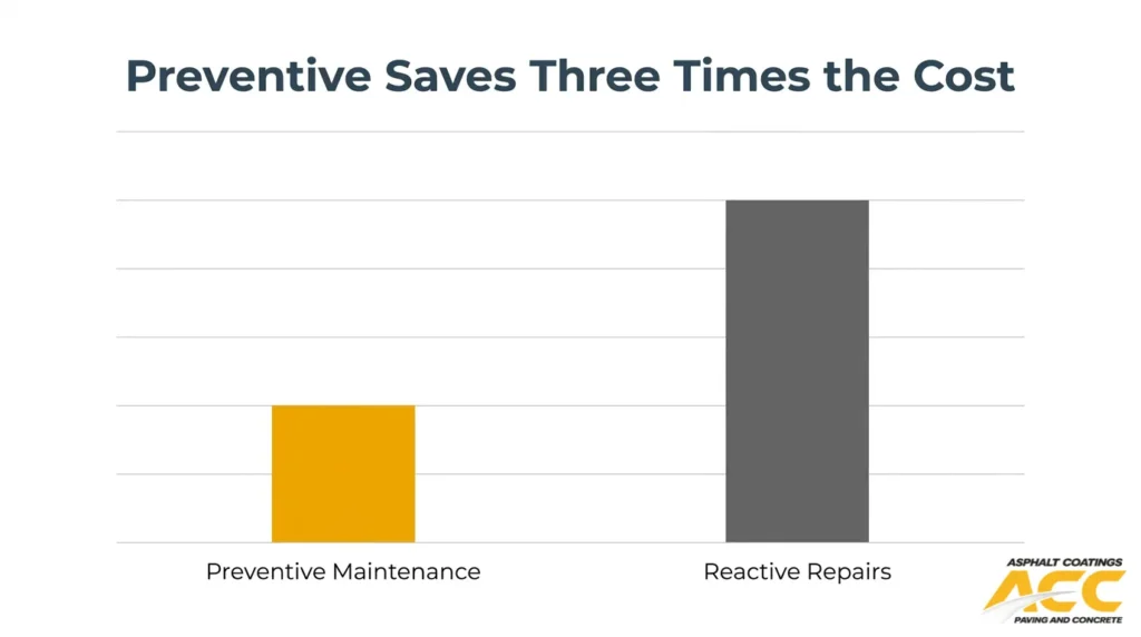 Cost comparison showing preventive pavement maintenance costs less than reactive repairs.