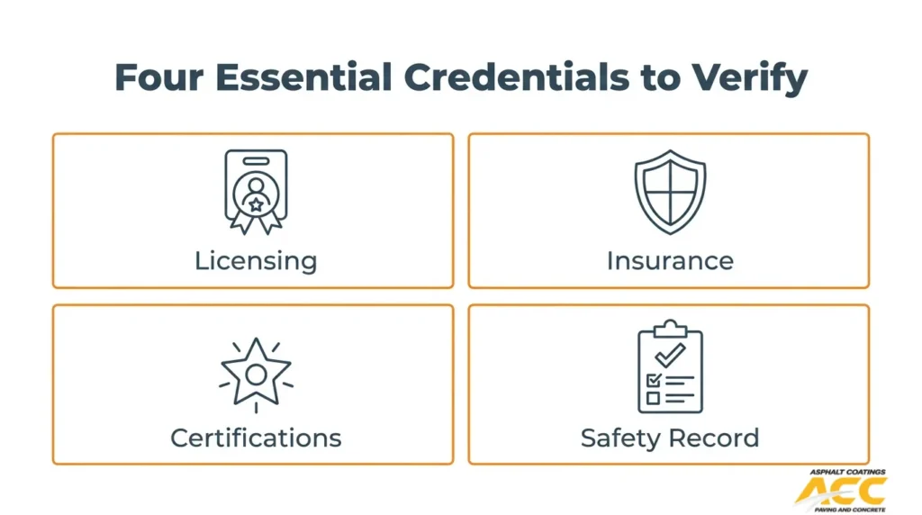 Paving contractor credential checklist covering licensing, insurance, certifications, and safety records.
