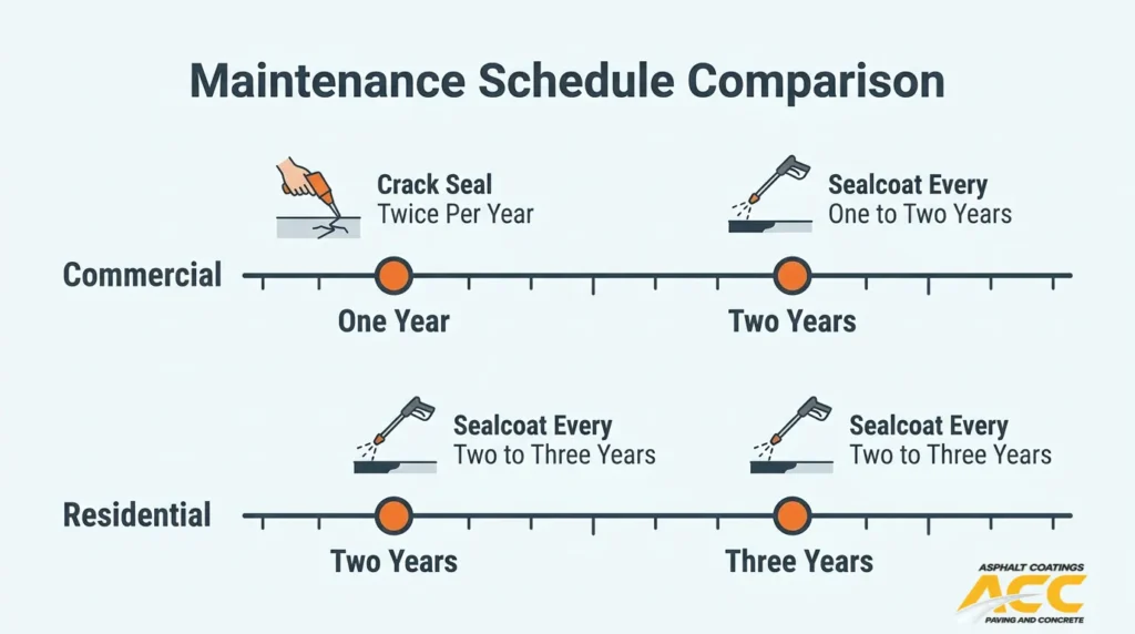 Commercial and residential asphalt maintenance schedule comparing crack sealing and recommended sealcoating intervals.