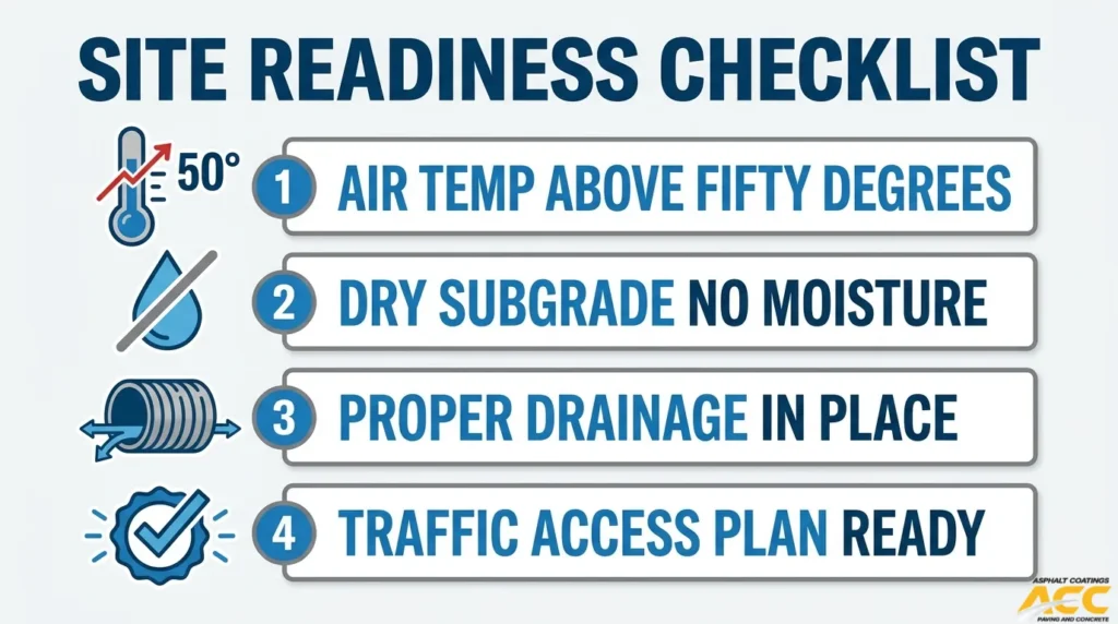 Asphalt paving site-readiness checklist covering temperatures above 50 degrees, a dry subgrade, drainage, and traffic access