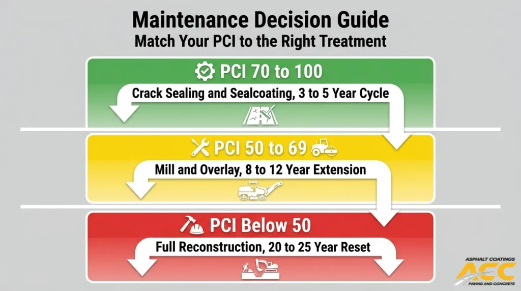 PCI maintenance decision guide matching pavement scores with sealcoating, mill and overlay, or full reconstruction