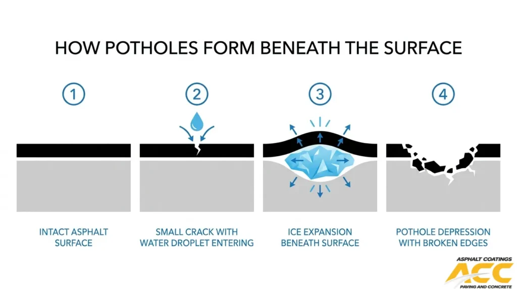 Four-stage diagram showing pothole formation from water entering an asphalt crack to freeze expansion and surface collapse