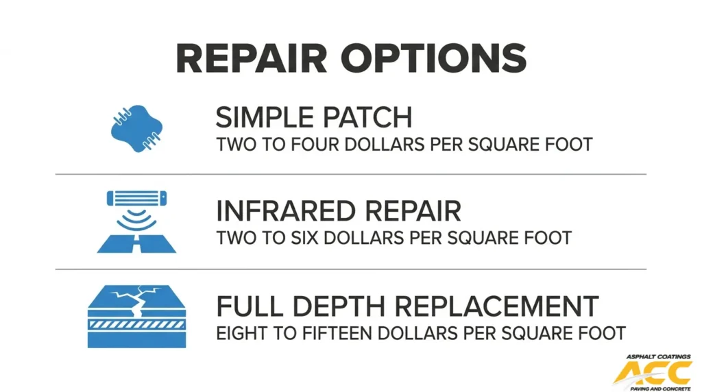 Pothole repair cost comparison for simple patching, infrared repair, and full-depth asphalt replacement