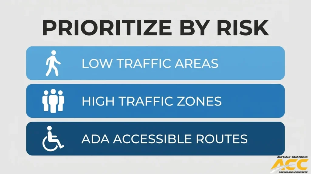 Pothole repair priority guide ranking low-traffic areas, high-traffic zones, and ADA-accessible routes by safety risk