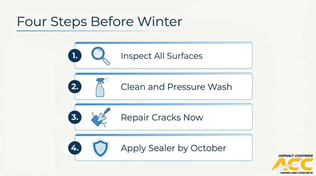 Pre-winter concrete preparation checklist covering surface inspection, pressure washing, crack repair, and sealer application before October.