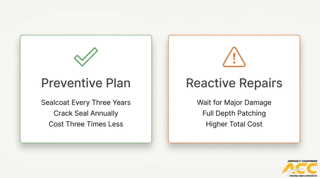 Preventive asphalt maintenance plan compared with reactive repairs, showing maintenance frequency and long-term cost differences.