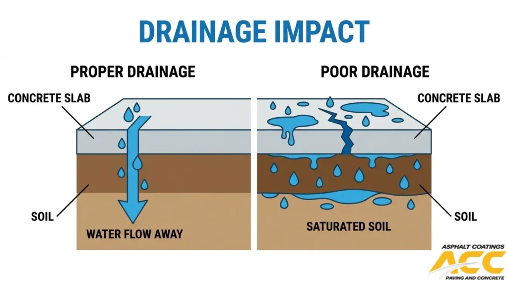 Comparison of proper and poor concrete drainage, showing water runoff versus saturated soil and slab cracking