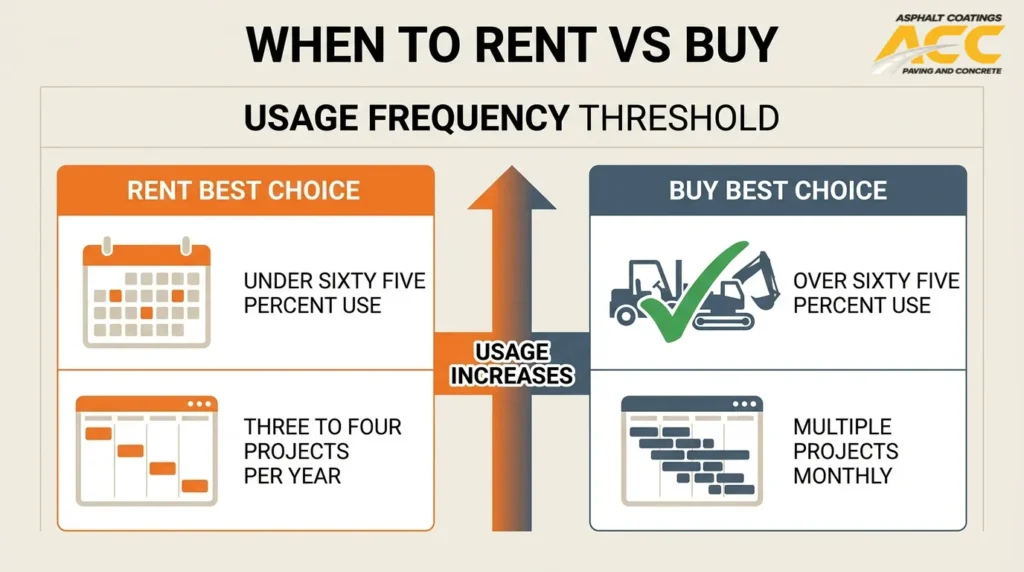 Skid steer rent-versus-buy guide based on annual equipment use and paving project frequency.