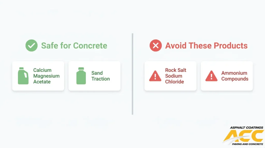 Concrete-safe winter traction products compared with damaging deicers, including rock salt, sodium chloride, and ammonium compounds.