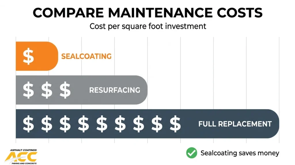 Maintenance cost comparison showing sealcoating as more affordable than asphalt resurfacing or full pavement replacement.