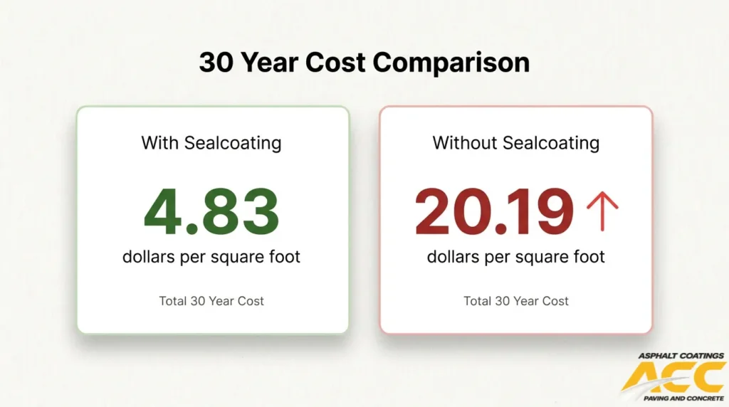Thirty-year asphalt cost comparison showing lower pavement expenses with sealcoating than without sealcoating