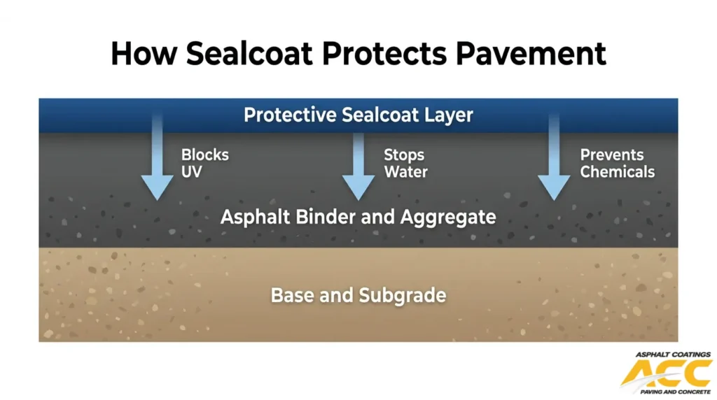 Sealcoat pavement protection layers that block UV rays, stop water intrusion, and resist chemical damage