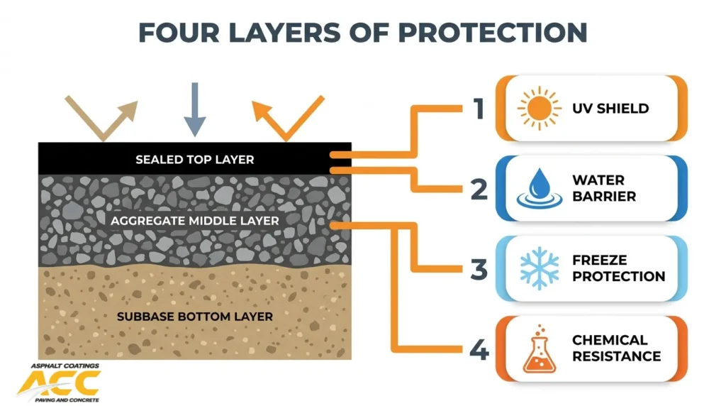 Asphalt sealcoating protection diagram showing UV resistance, water protection, freeze-thaw defense, and chemical resistance.