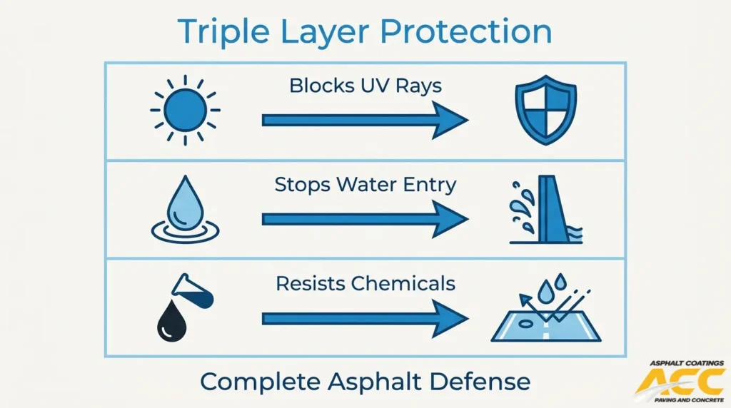 Triple-layer asphalt sealcoating protection that blocks UV rays, stops water entry, and resists chemicals