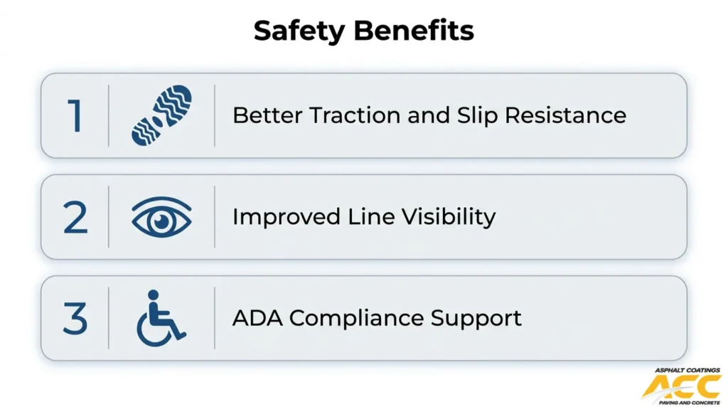 Commercial sealcoating safety benefits including better traction, improved parking line visibility, and ADA compliance support
