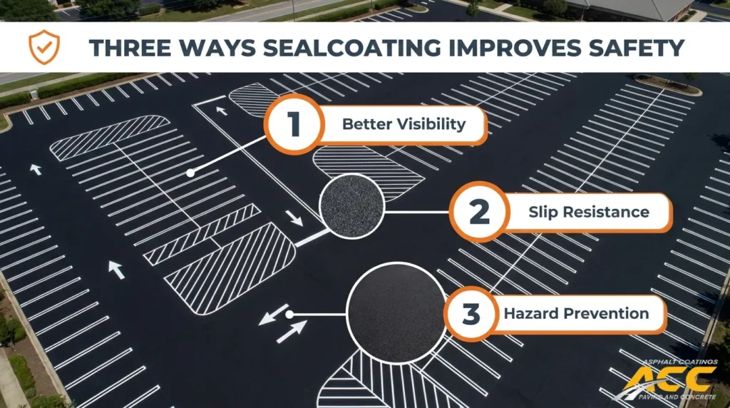 Aerial view of a sealcoated parking lot highlighting better visibility, slip resistance, and hazard prevention.