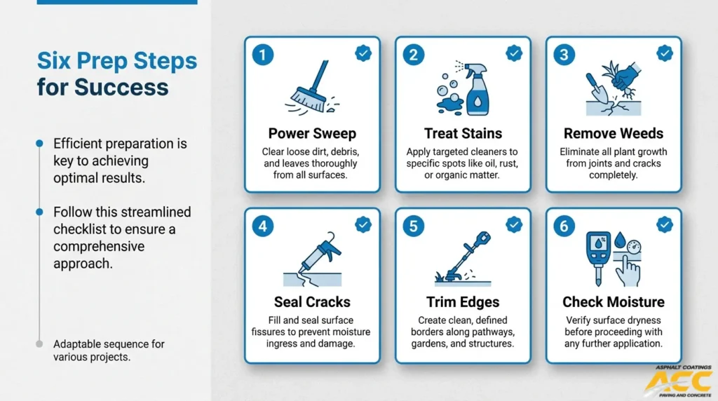 Six-step sealcoating preparation checklist covering sweeping, stain treatment, weed removal, crack sealing, edge trimming, and moisture testing
