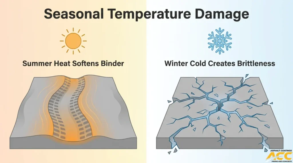 Seasonal asphalt damage comparison showing summer heat softening the binder and winter cold causing brittleness and cracking.
