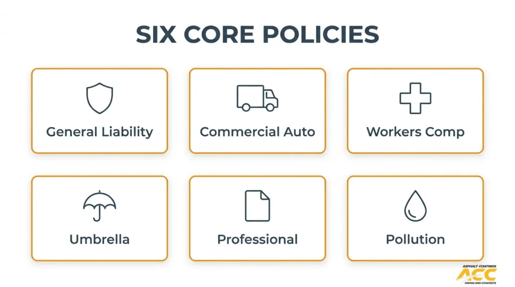 Six essential insurance policies for paving contractors: general liability, commercial auto, workers’ compensation, umbrella, professional liability, and pollution coverage.
