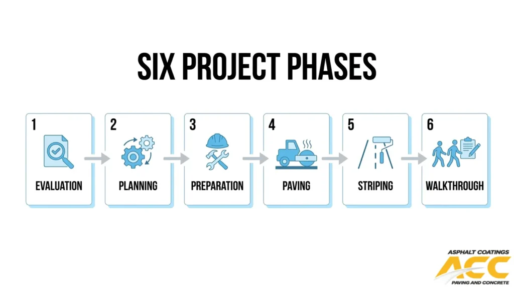 Six phases of a commercial asphalt paving project: evaluation, planning, preparation, paving, striping, and final walkthrough.