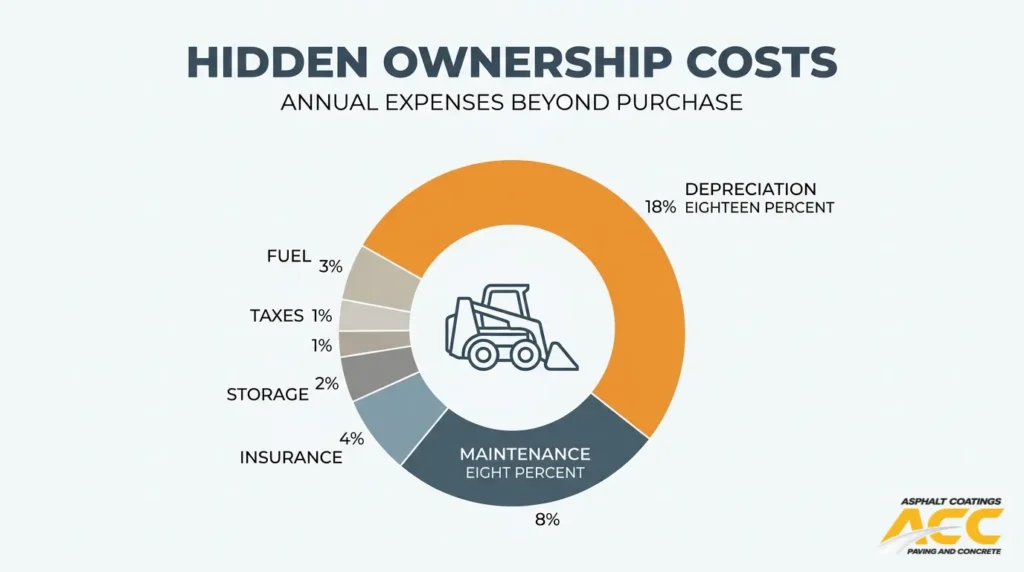 Skid steer ownership cost breakdown including depreciation, maintenance, insurance, storage, taxes, and fuel.