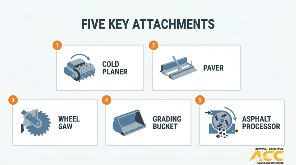 Five skid steer paving attachments: cold planer, paver, wheel saw, grading bucket, and asphalt processor.