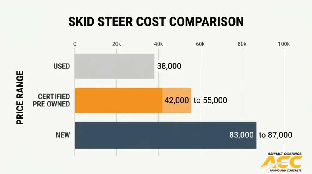 Skid steer price comparison showing used, certified pre-owned, and new equipment purchase ranges.