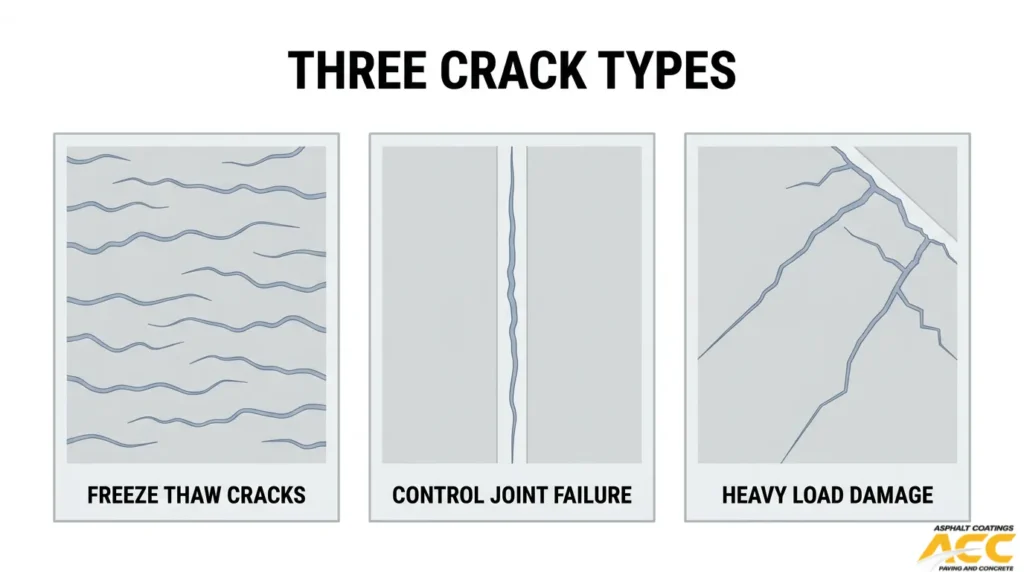 Three common concrete crack types in Denver: freeze-thaw cracks, control joint failure, and heavy-load damage