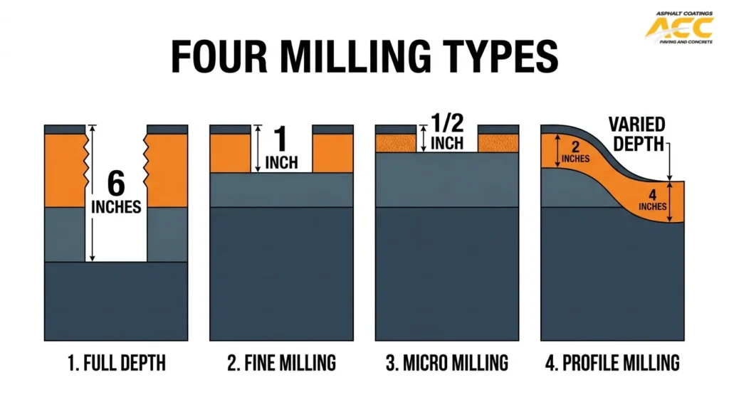 Comparison of full-depth, fine, micro, and profile asphalt milling with different pavement removal depths.