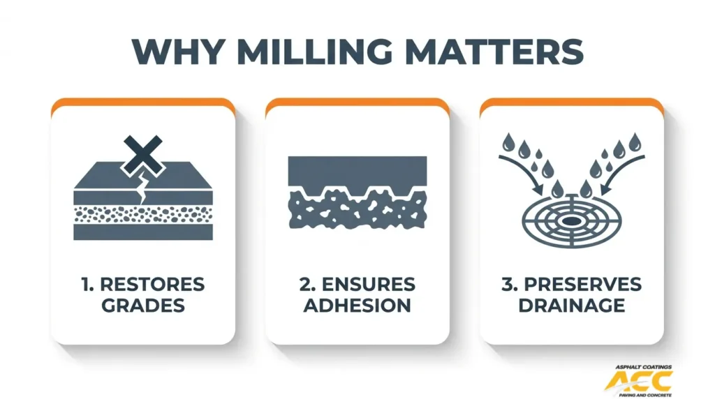 Diagram showing how asphalt milling restores pavement grades, improves overlay adhesion, and preserves surface drainage.