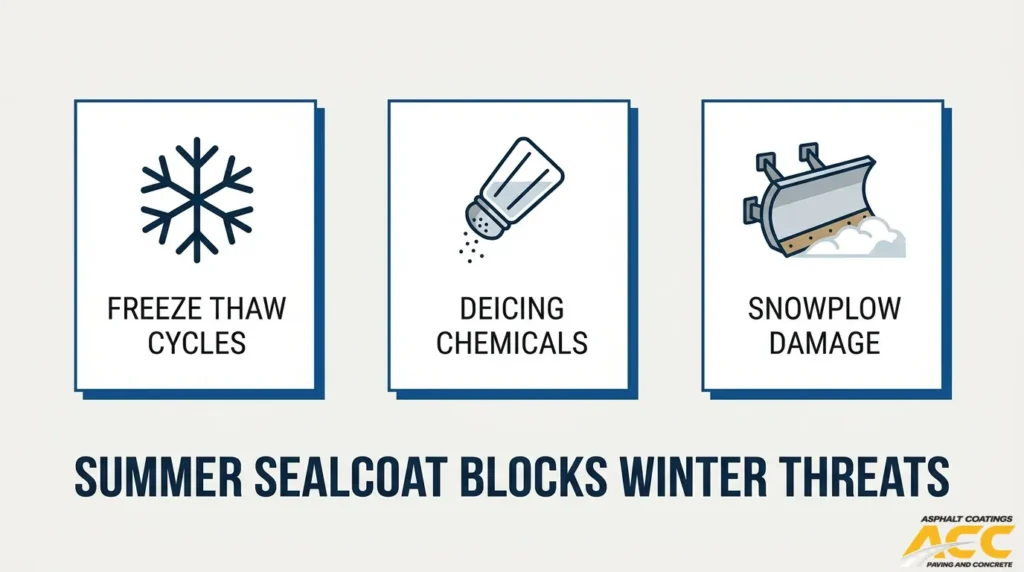 Summer sealcoating protection against winter pavement damage from freeze-thaw cycles, deicing chemicals, and snowplows.