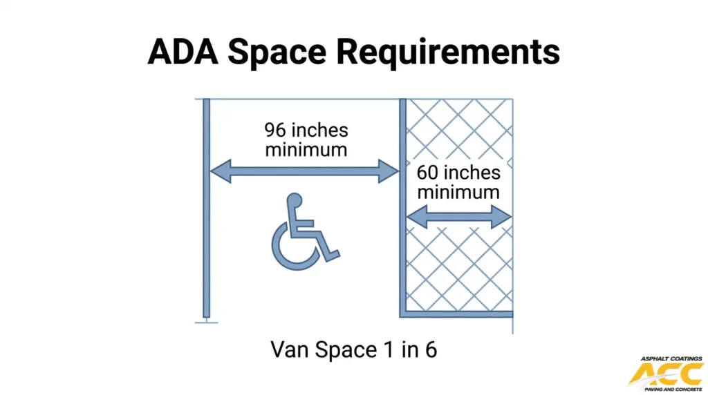 ADA accessible parking space requirements showing a 96-inch minimum space, 60-inch access aisle, and van-accessible parking ratio