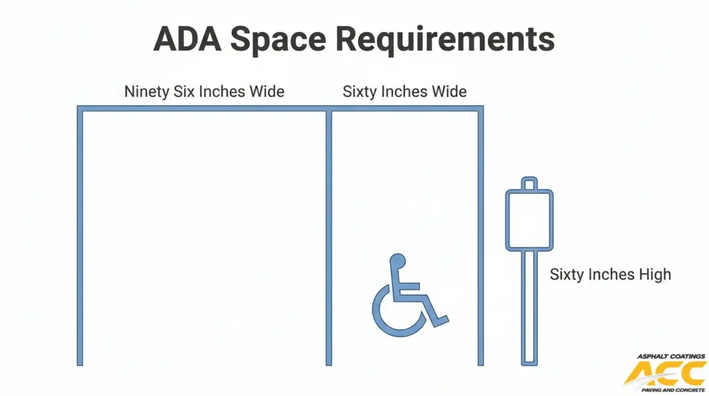 ADA-compliant parking space dimensions showing 96-inch parking width, 60-inch access aisle, and 60-inch sign height