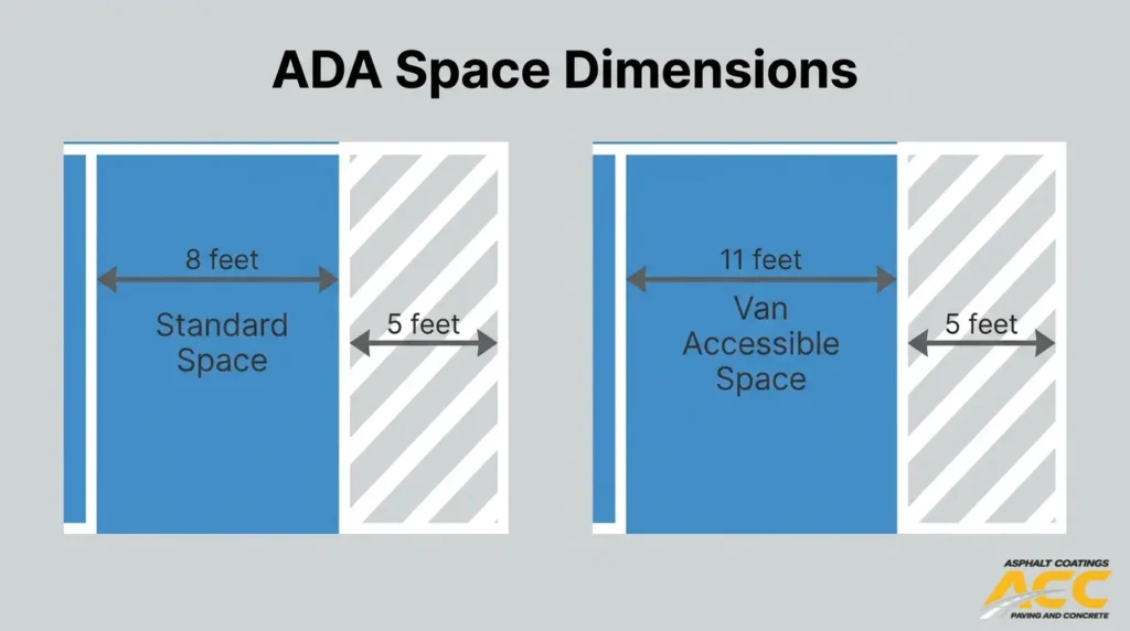 ADA parking space dimensions comparing an 8-foot standard accessible space and 11-foot van-accessible space with 5-foot access aisles