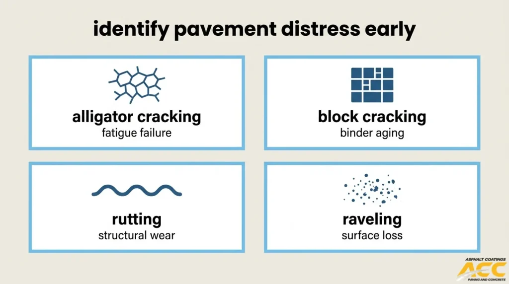 Common asphalt pavement distress types including alligator cracking, block cracking, rutting, and raveling