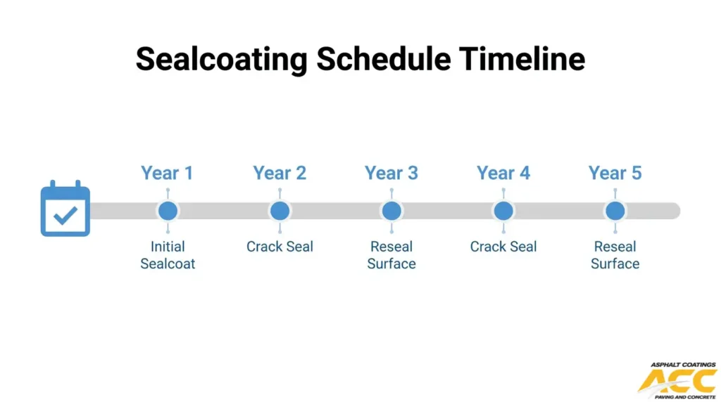 Five-year asphalt sealcoating maintenance timeline showing initial sealcoat, crack sealing, and scheduled resealing