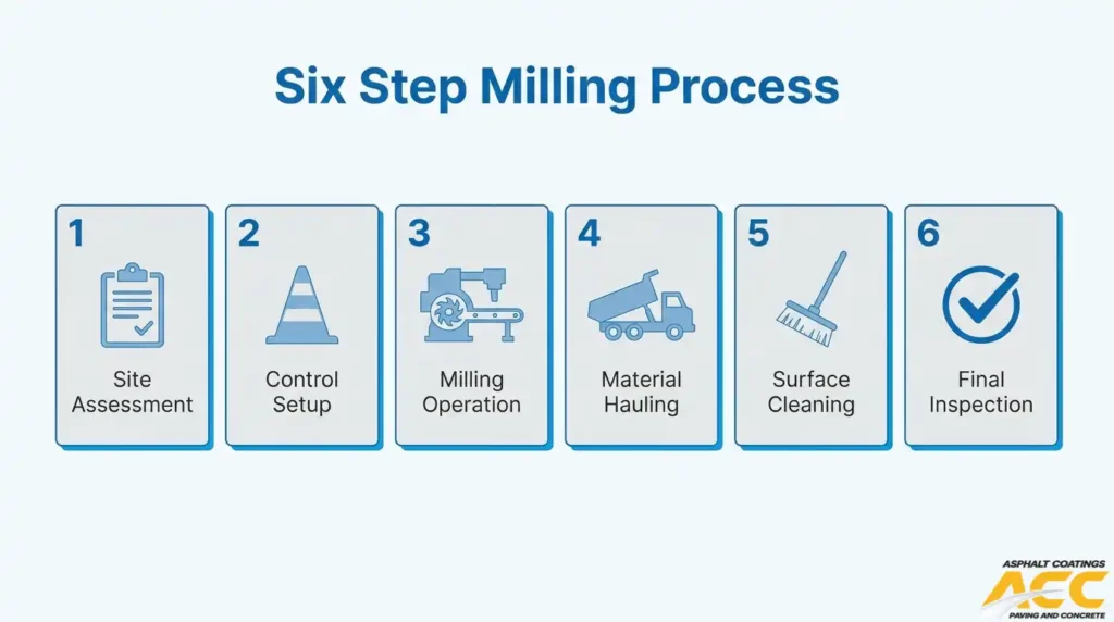 Six-step asphalt milling process showing site assessment, traffic control setup, milling, material hauling, surface cleaning, and final inspection