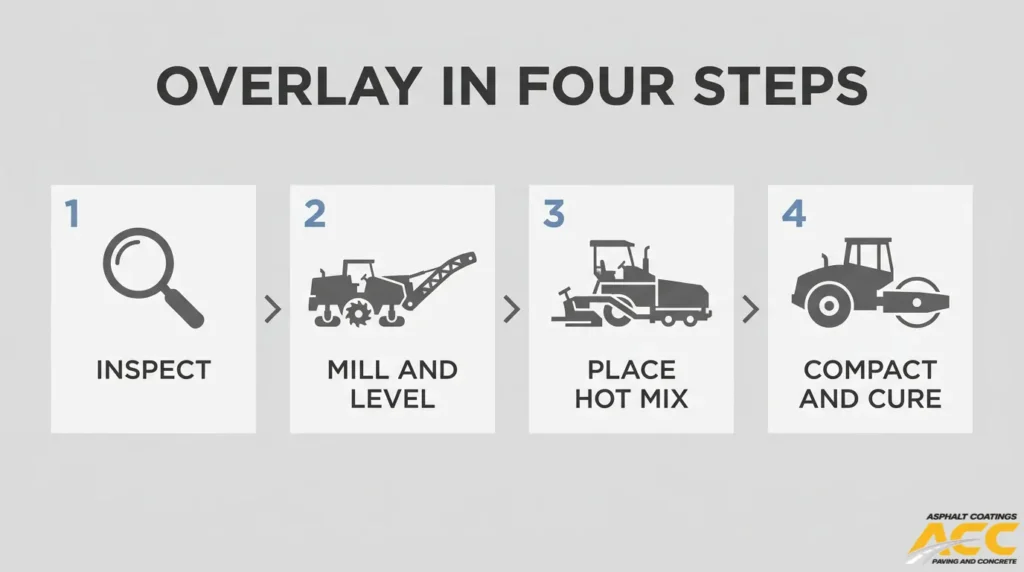 Four-step asphalt overlay process showing inspection, milling and leveling, hot-mix placement, and compaction