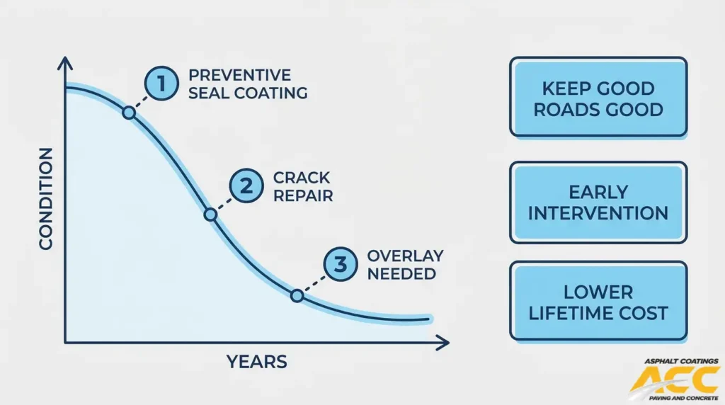 Asphalt pavement deterioration curve showing preventive sealcoating, crack repair, and overlay timing to reduce lifetime costs