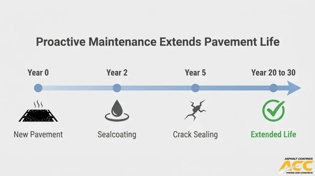 Asphalt pavement maintenance timeline showing sealcoating, crack sealing, and proactive maintenance extending pavement life to 20–30 years