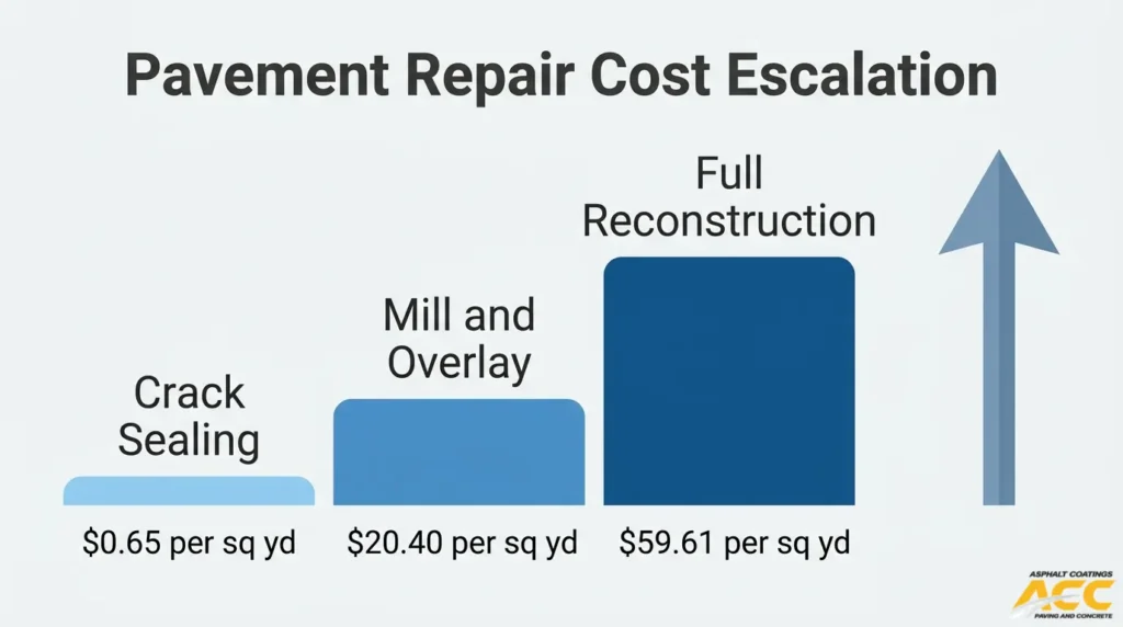 Pavement repair cost escalation chart comparing crack sealing, mill and overlay, and full reconstruction costs