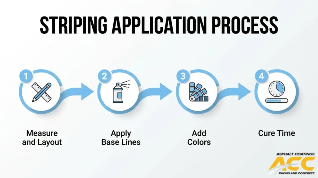 Asphalt striping application process showing measurement and layout, base lines, color application, and curing