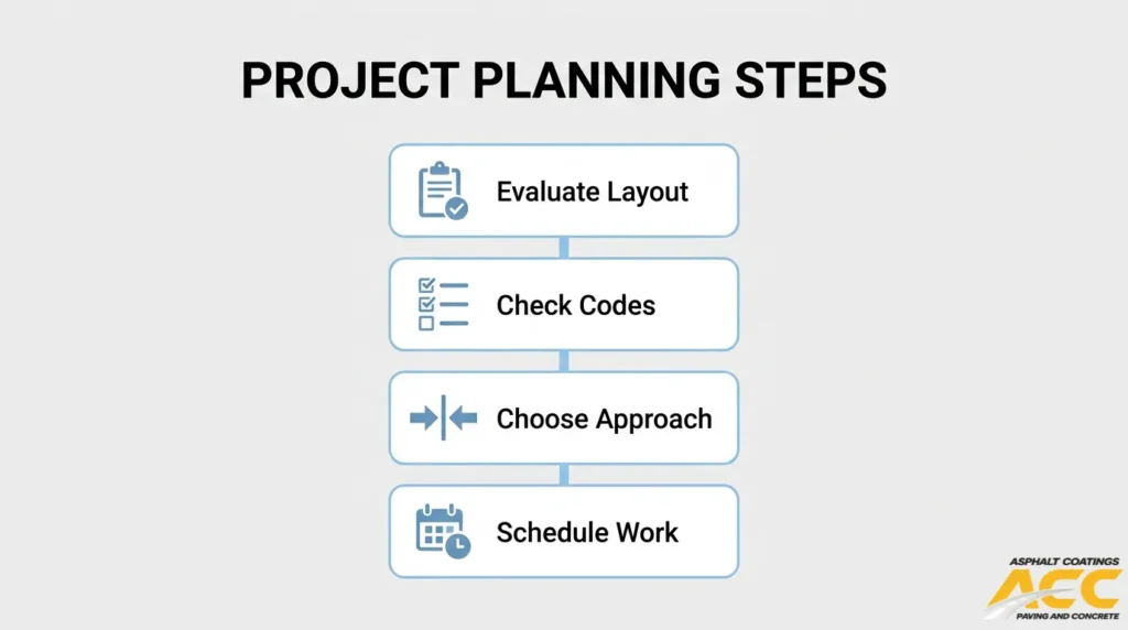 Commercial asphalt striping project planning steps including layout evaluation, code review, approach selection, and scheduling