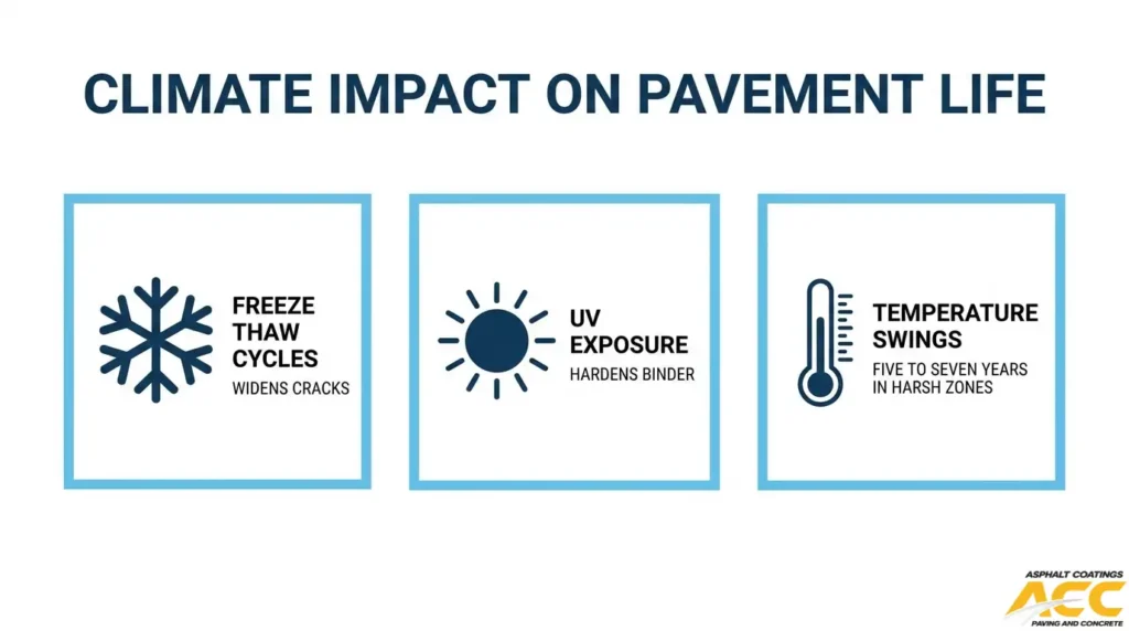Climate factors affecting asphalt pavement life, including freeze-thaw cycles, UV exposure, and temperature swings